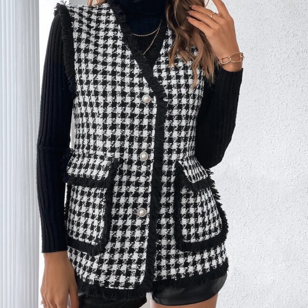SHEIN Houndstooth Print Raw Cut Vest Overcoat